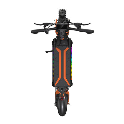 Top-down view of a black electric scooter with orange deck accents, wide handlebars, front and rear tires, and colorful side LED lights, displayed on a white background.