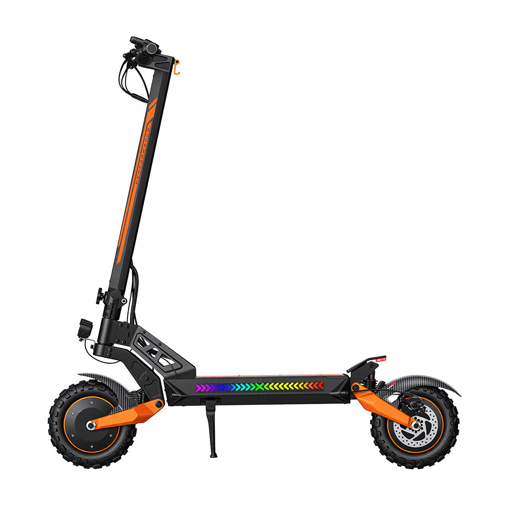 Right-side profile of a black and orange electric scooter featuring chunky off-road tires, dual suspension, and a colorful LED light strip along the deck. Shown on a white background, the image highlights the scooter’s durable frame, folding mechanism, and performance-oriented design for urban and outdoor riding.