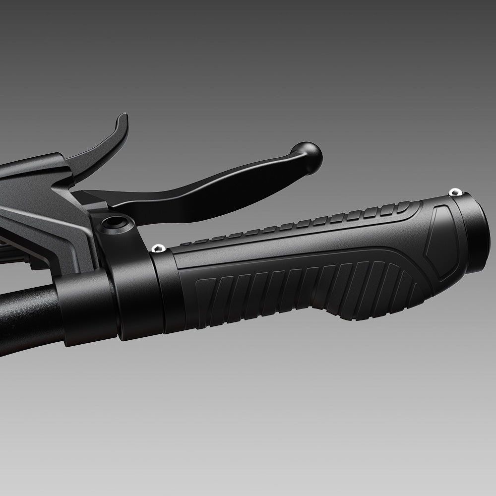 Close-up of an electric scooter’s right handlebar featuring a textured ergonomic rubber grip, thumb throttle, and brake lever. The detailed design emphasizes rider comfort, secure handling, and responsive control against a gray gradient background.